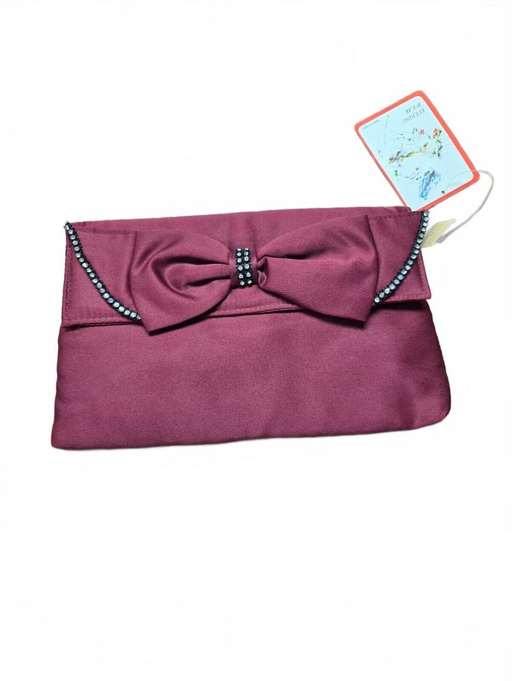 Elegant Burgundy Satin Clutch with Bow and Rhinestone Detail